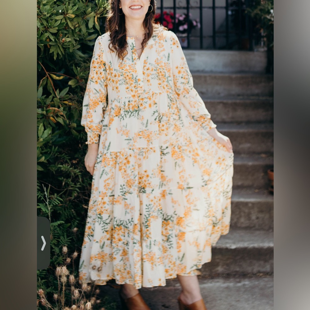 Orange and Cream Floral Long Sleeve Maxi Dress by Zara